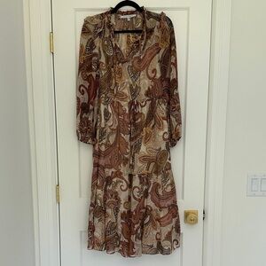 Long Sleeve Paisley Dress in Brown and Cream